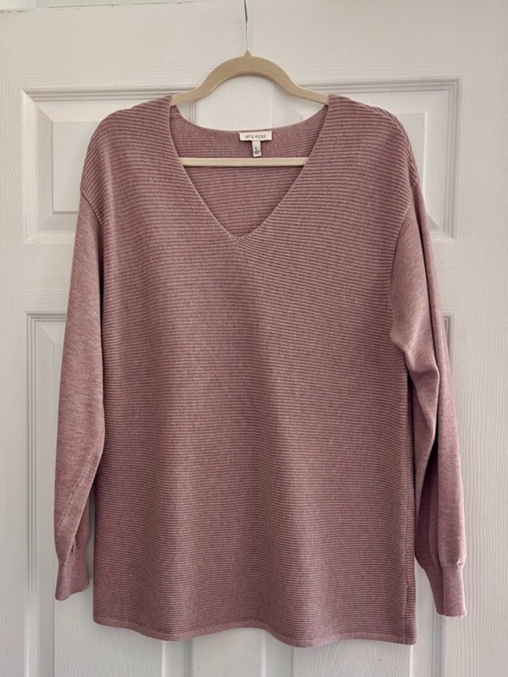 Ella Moss Dusty Mauve V-Neck Ribbed Long Sleeve Sweater Minimalist Comfy Muted